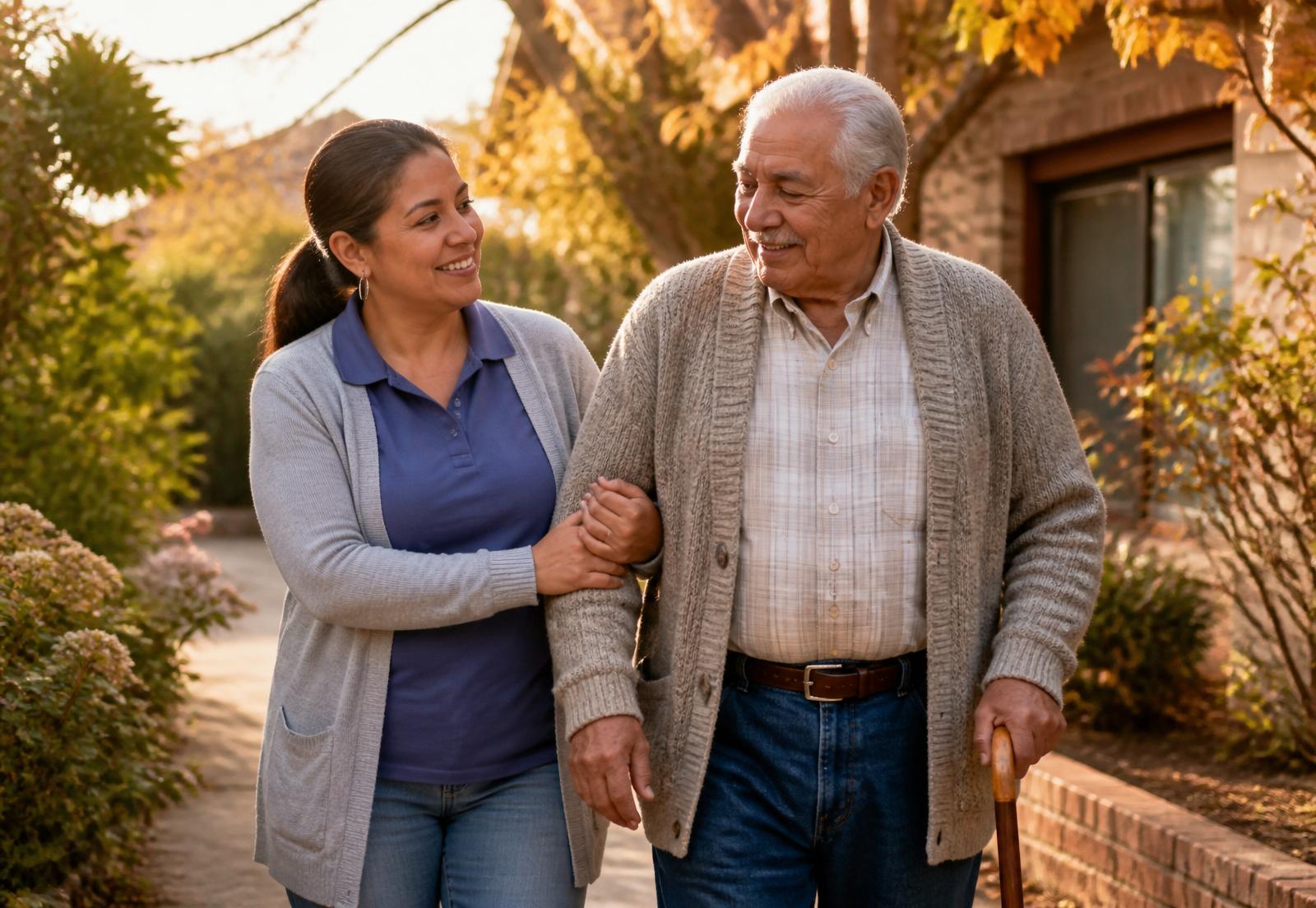 Caregiver walking arm-in-arm with an older gentleman in a warm garden
