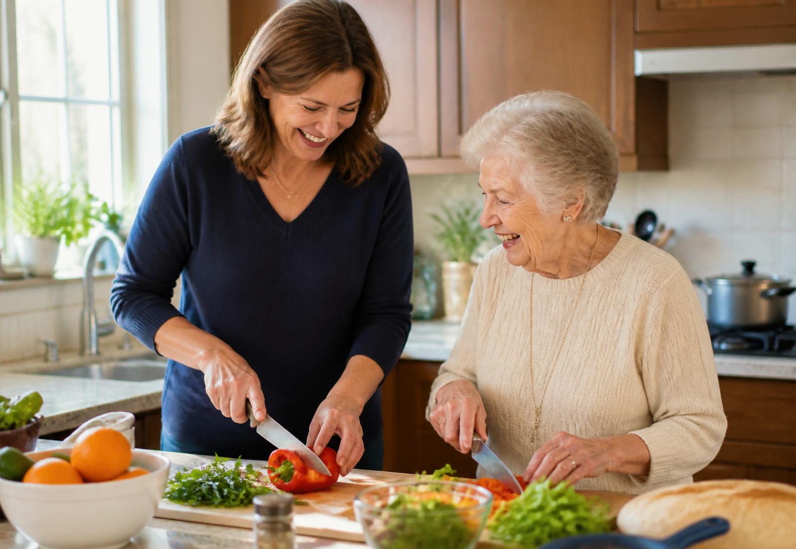 Caregiver and older woman cooking together in a bright home kitchen